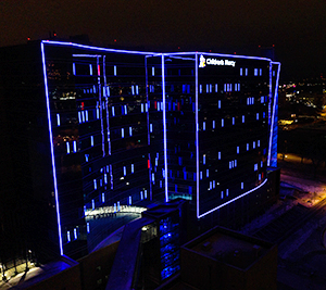 The Children's Mercy Research Institute building at night.