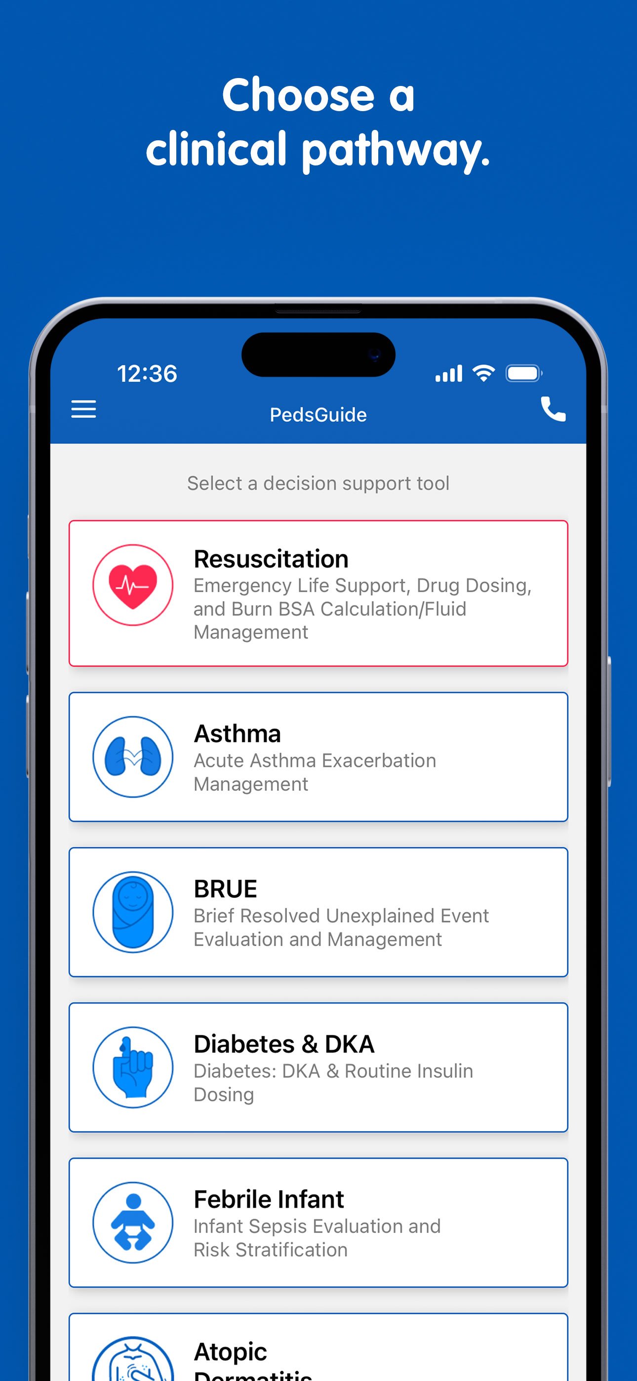 PedsGuide App "choose a decision support path" screen