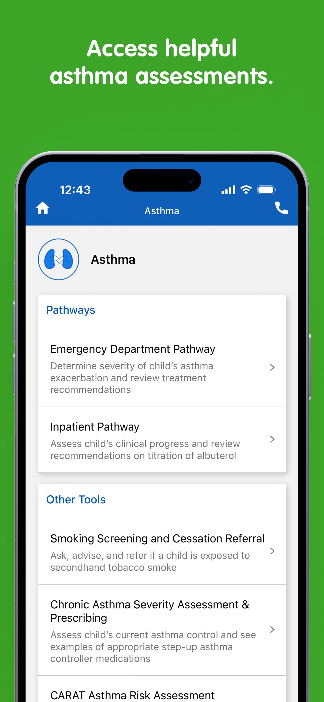 PedsGuide App "access helpful asthma assessments" screen