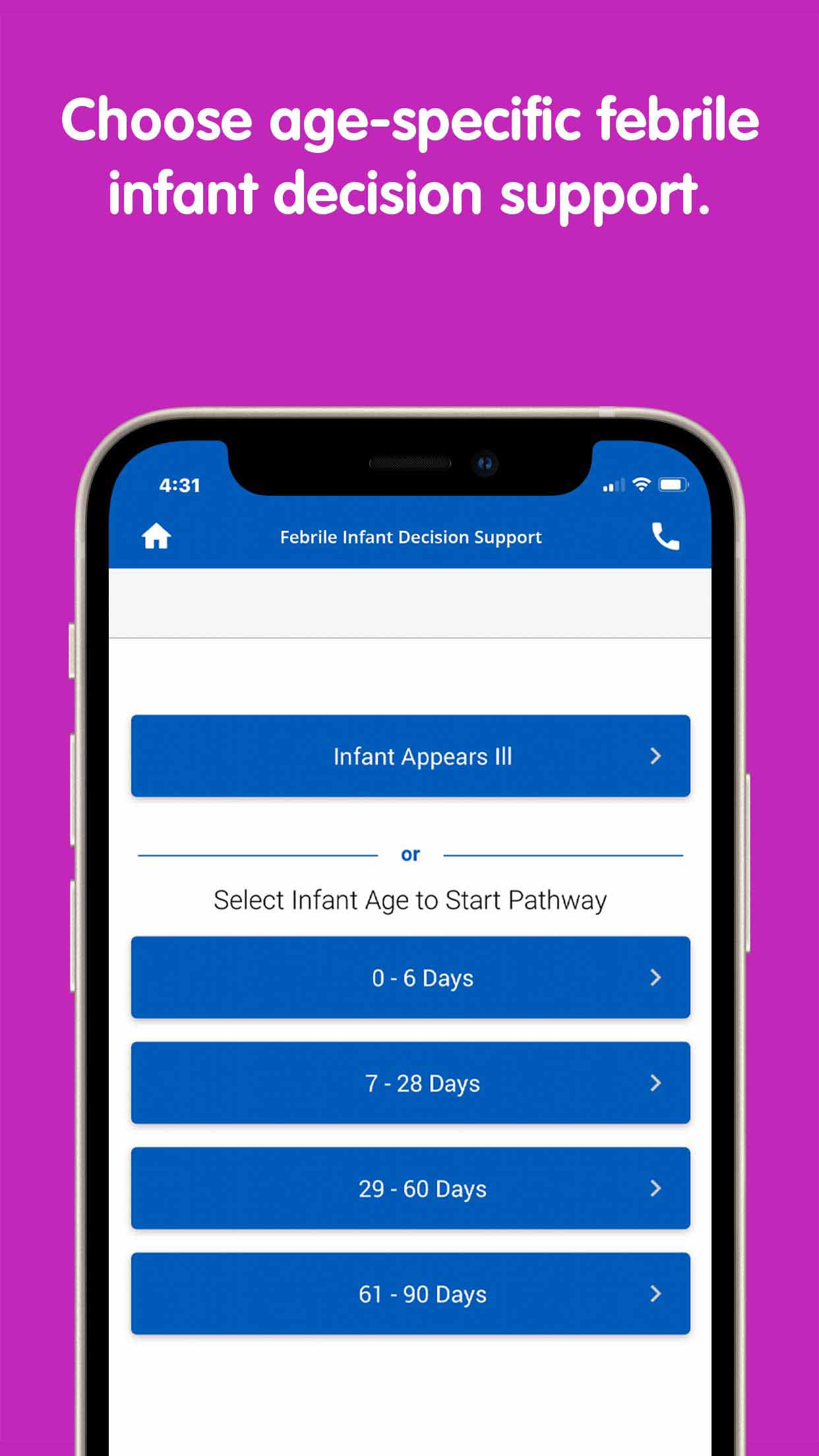 PedsGuide App "choose age-specific febrile infant decision support" screen