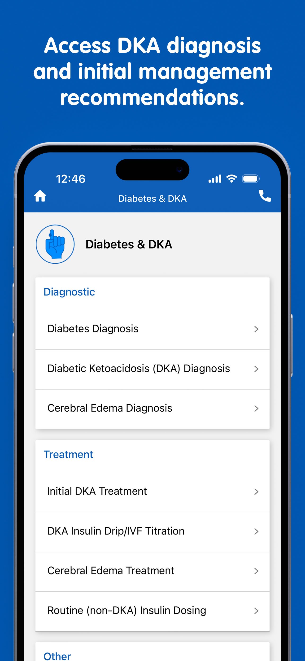 PedsGuide App "access diabetes and DKA decision support" screen