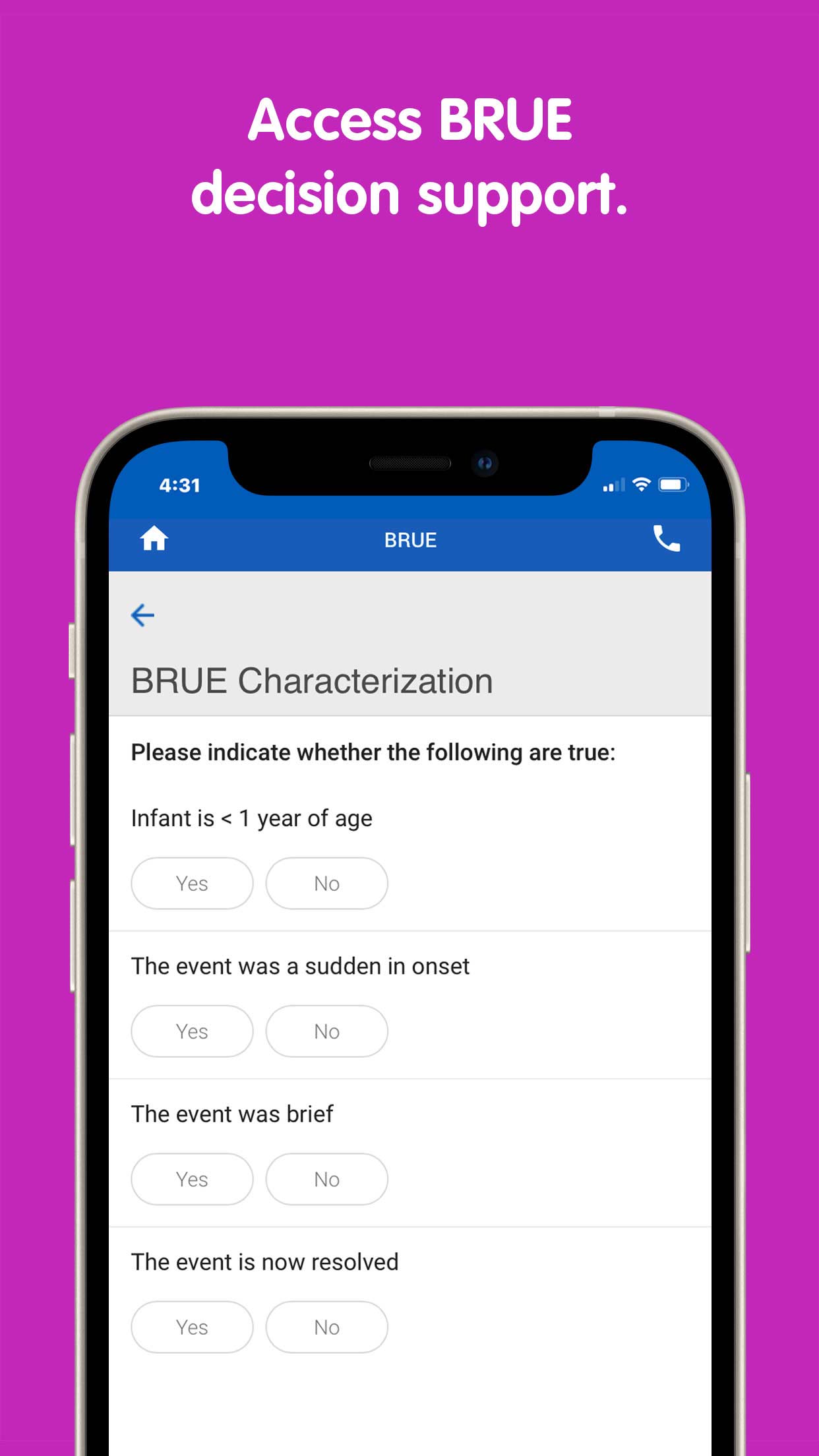 PedsGuide App "access BRUE decision support" screen