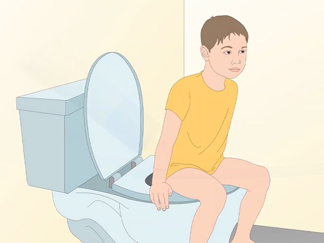 Illustration of a boy sitting on a toilet. He is wearing a shirt that covers his chest and tops of his bare legs.