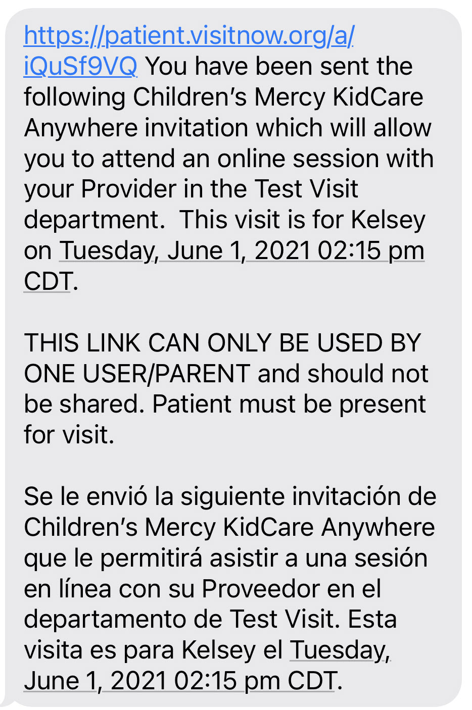 Screenshot of text in both English and Spanish that reads in part, " You have been sent the following Children's Mercy KidCare Anywhere invitation which will allow you to attend an online session with your Provider..."