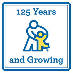 Children's Mercy logo: Icons of adult dancing with child. The child is gold and words read, "125 years and growing."