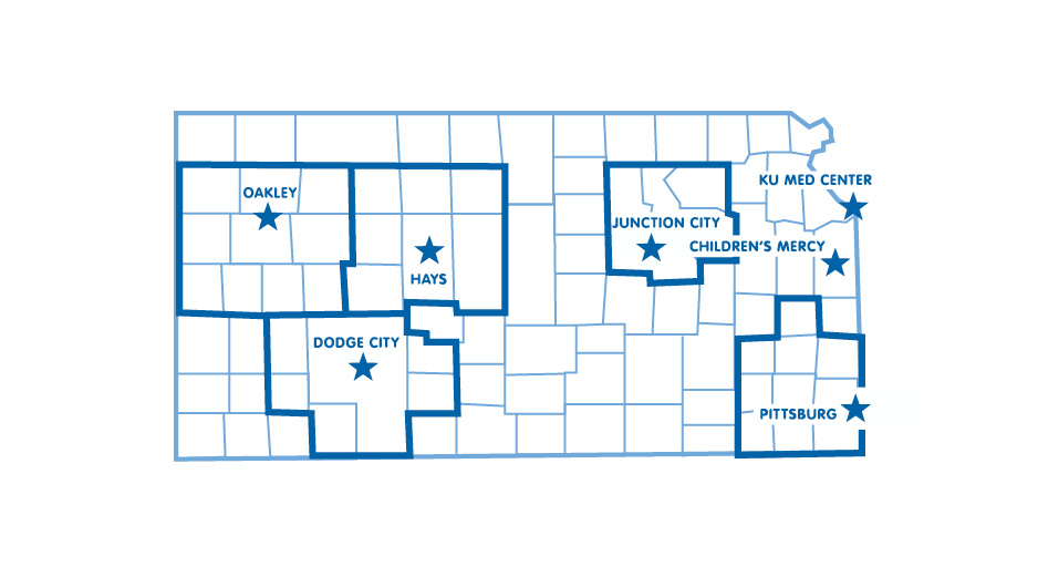 Map of Kansas with with stars representing REACT locations in: Oakley, Dodge City, Hays, Junction City, KU Med Center, Children's Mercy and Pittsburg