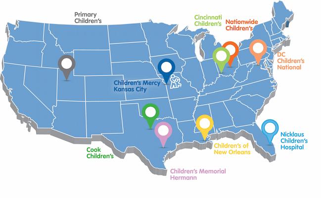 Map of active CHAMP sites: Children's Mercy Kansas City, Arkansas Children's, Children's of New Orleans, Cincinnati Children's, Cook's Children's, DC Children's National, Nationwide's Children's, Nicklaus Children's Hospital, and Primary Children's.