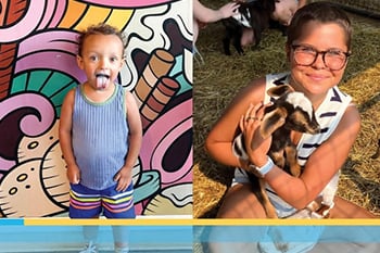 Two photo collage with one child sticking out their tongue and another child smiling while hugging a goat.