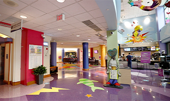 Photo of the colorful lobby at Children's Mercy Adele Hall.