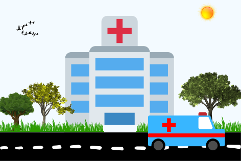 A cartoonish image of an ambulance driving in front of a hospital building, with images of trees, grass, geese and the sun.