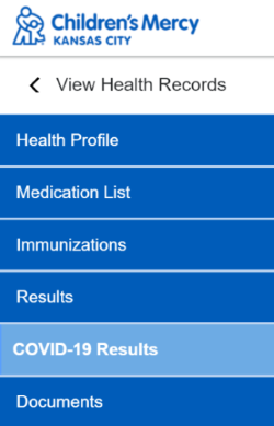 Screenshot of "COVID-19 Results" in the Patient Portal dropdown menu.al.