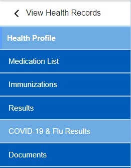 Screenshot of  "COVID-19 & Flu Results" in the Patient Portal dropdown menu.