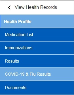 Screenshot of "COVID-19 & Flu Results" in the Patient Portal dropdown menu.