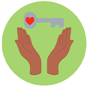 Access Ability logo: Illustration of two open hands with a key and a heart floating above the hands.