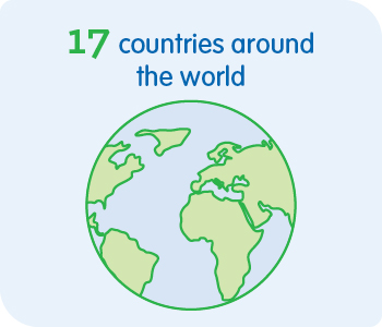 Globe icon with text that reads, "17 countries around the world."