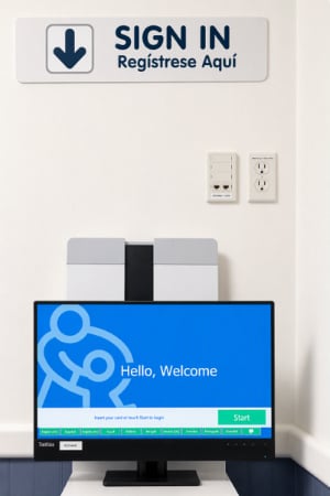 The blue sign-in screen where you begin your Children's Mercy visit. The screen reads "Hello, Welcome."