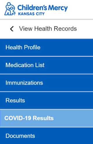 Screenshot of "COVID-19 Results" in patient portal.