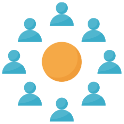 Eight blue silhouettes of people surrounding an orange circle