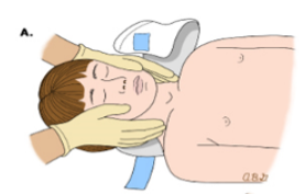 A health care professional keeps head in neutral, midline position to use gel pillow for support