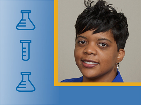 Andrea Bradley-Ewing smiling with illustrated beakers off to the left.