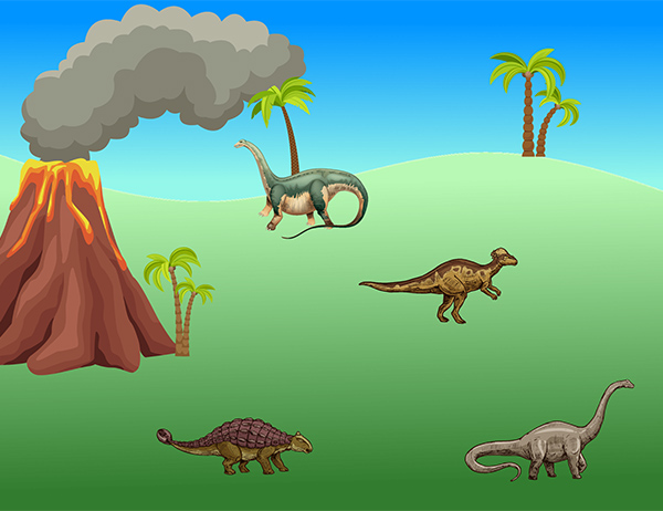 HearPlay screen with 4 illustrated dinosaurs and a volcano erupting in the background.