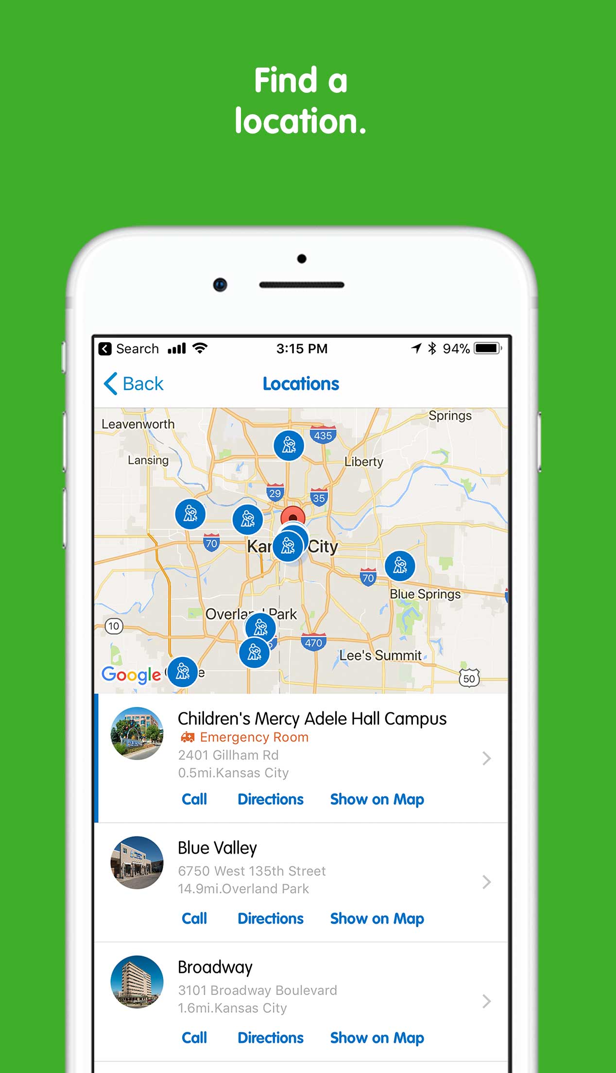Children's Mercy app location screen