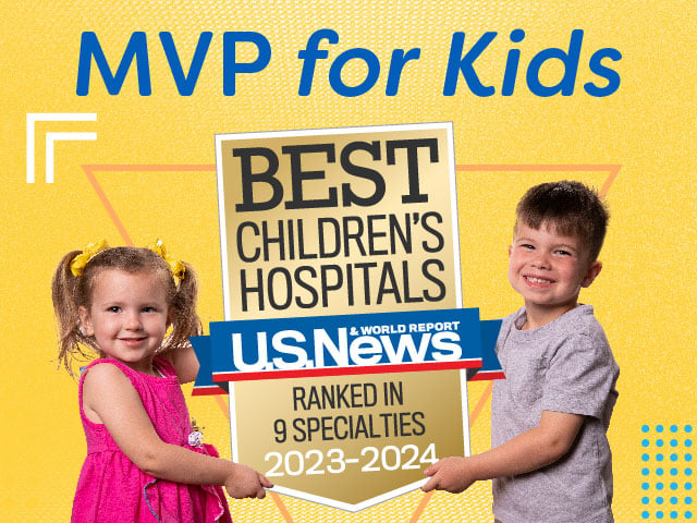 Logo that reads: Best children's hospitals, U.S. News & World Report, ranked in 10 specialties 2022-23. Next to the logo is text that reads: Because our potential knows no bounds.