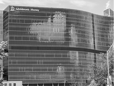 Black and white photo of the Children's Mercy Research Institute building.