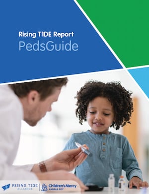 Cover of Rising T1DE Report: PedsGuide. A male clinician in a white coat shows a syringe to a young girl with dark, curly hair. Logos for the Rising T1DE Alliance and Children's Mercy Kansas City.