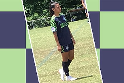 Dayana Vazquez Rubio in soccer uniform on a soccer field.