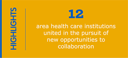 Image reads, "Highlights: 12 area health care institutions united in the pursuit of new opportunities to collaboration."