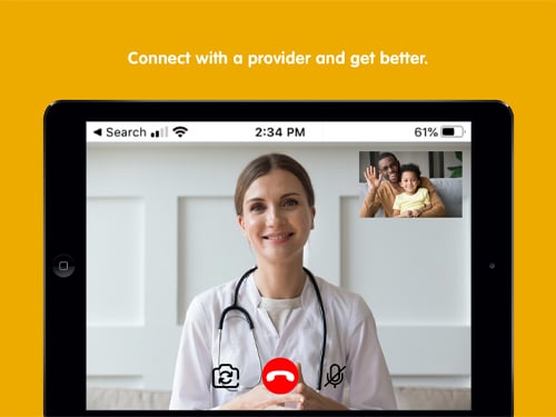 Tablet with a doctor in one box and a father with his son in another box and the words "Connect with a provider and get better."
