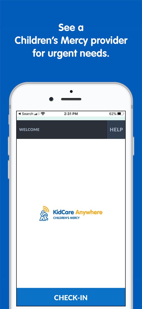 Mobile phone with the KidCare Anywhere app on it and the the words "See a Children's Mercy provider for urgent needs."
