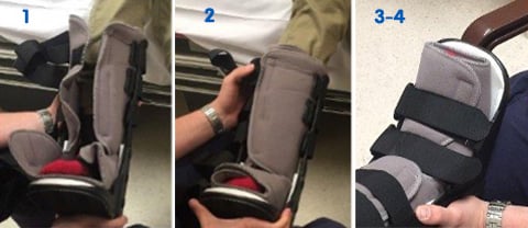 Three photos showing adult hands putting a CAM boot on a child's leg. The photos are numbered 1, 2 and 3-4.