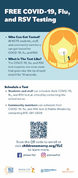 Small image of a palm card with the top reading: Free COVID-19, Flu and RSV Testing