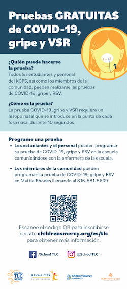 Small image of palm card with heading that reads: Pruebas gratuitas de COVID-19, gripe y VSR