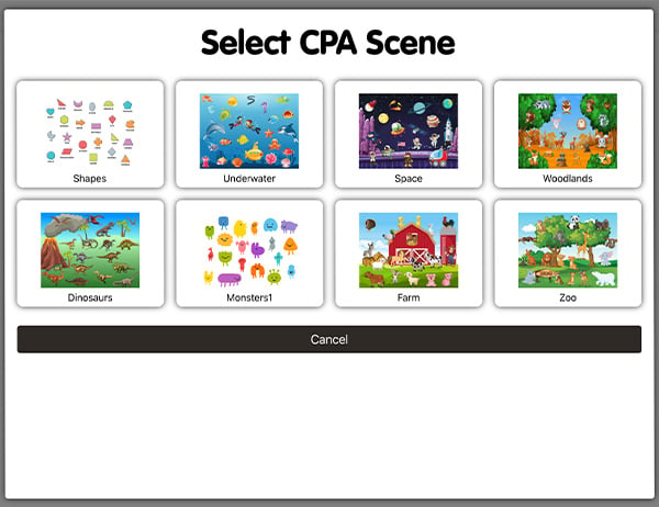 HearPlay screen that reads, "Select CPA Scene" and shows eight scenes to choose from: Shapes, Underwater, Space, Woodlands, Dinosaurs, Monsters, Farm and Zoo.