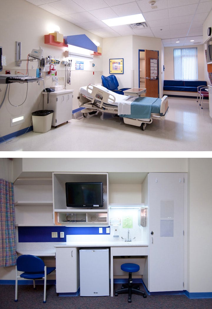 Two photos of a Children's Mercy general inpatient room. The first shows with the hospital bed, parent bed and door to the bathroom. The second shows amenities: desk, mini fridge, personal belongings closet, TV and DVD player.