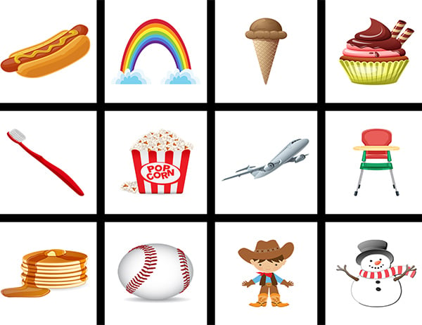HearPlay screen with 12 images: a hot dog, a rainbow, an ice cream cone, a cupcake, a toothbrush, a bag of popcorn, an airplane, a high chair, a stack of pancakes, a baseball, a cowboy and a snowman.