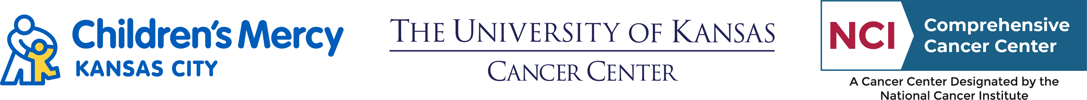 Logos for the following: Children's Mercy Kansas City, The University of Kansas Cancer Center, and NCI Cancer Center: A Cancer Center Designated by the National Cancer Institute.