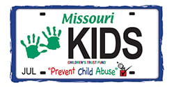 Missouri license plate with two green handprints. License plate reads: KIDS, Children’s’ Trust Fund, “Prevent Child Abuse.”