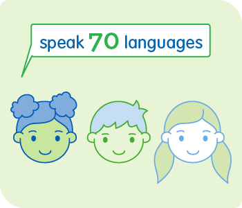 Icons of three children's faces with text that reads, "speak 70 languages."