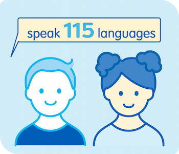 Icon of two children's faces with text that reads, "speak 70 languages."