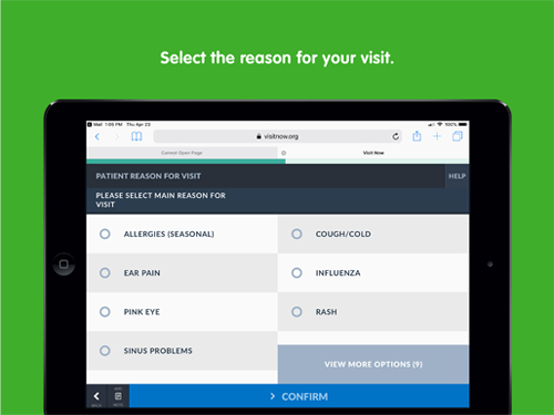 Tablet with a list of reasons on the screen and the the words "Select the reason for your visit."