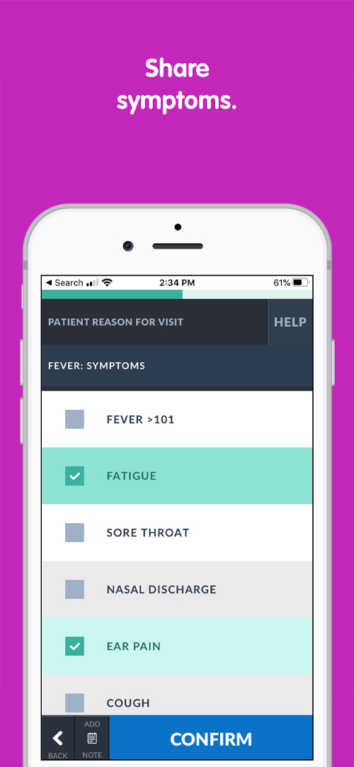 Mobile phone with a list of symptoms on the screen and the the words "Share symptoms."