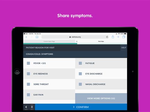 Tablet with a list of symptoms on the screen and the the words "Share symptoms."