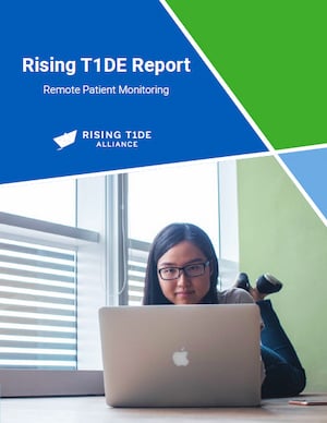 The cover of the Rising T1DE Report on Remote Patient Monitoring. The Rising T1DE logo appears and a teenage Asian girl wearing classes sits on the floor and looks at an open laptop.