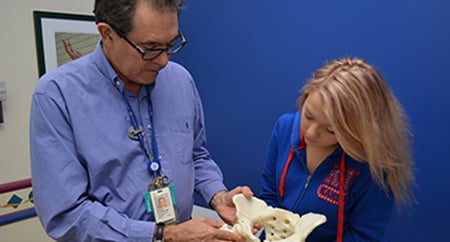 Medical personnel examine a hip bone model in the Hip Preservation Program at Children's Mercy..