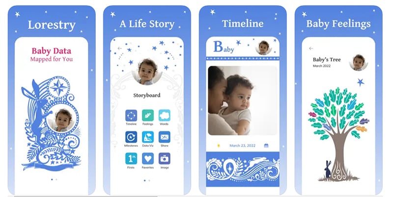 Four images from the Lorestry app. Images show baby data, a storyboard, a timeline, and baby's feelings.