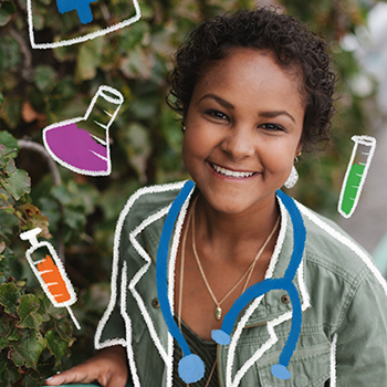 Children's' Mercy patient, Mekki, surrounded by illustrated beakers